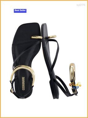 Gold Ankle Cuff Toe Ring Flat Sandals Vegan Leather Dress Sandals